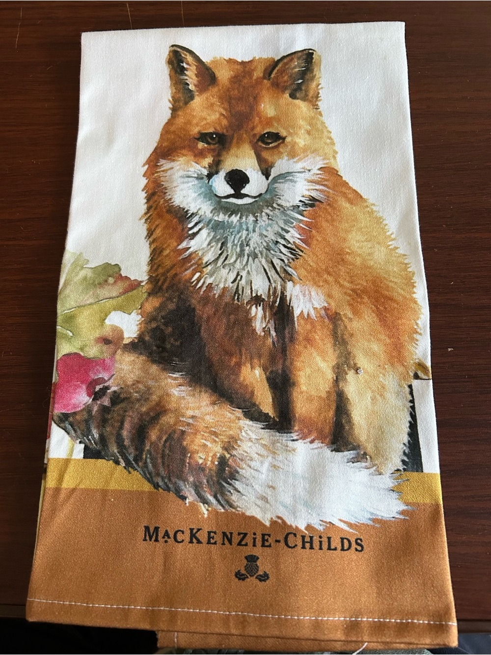 MacKenzie-Childs Fall Fox Print 100% cotton tea towel 25.5โ x 18โ